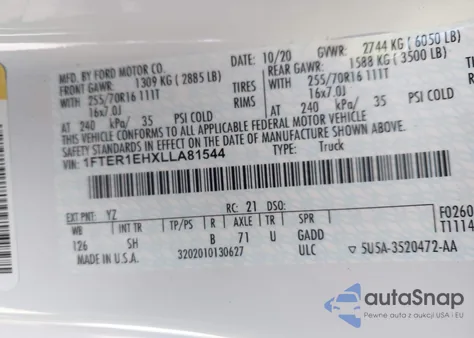 2020 Ford Ranger Xl z USA, uszkodzony, nr VIN 1FTER1EHXLLA81544